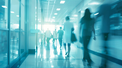 A busy hospital corridor with medical staff and patients moving about, captured in a blue-tinted, dynamic scene.