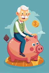 Secure Retirement: Happy Elderly Man Relaxes on Wealthy Piggy Bank Symbolizing Pension Fund and Savings