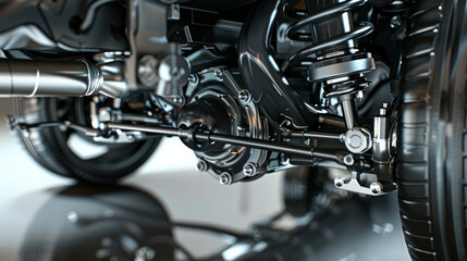 Fototapeta premium Close-up of a car's shiny suspension system, showcasing the intricate and pristine engineering details.