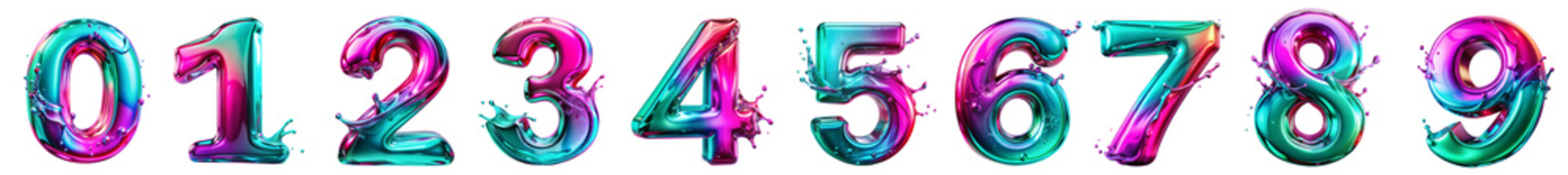 Set of colorful metallic numbers from zero to nine isolated on transparent background with clipping path cut-out