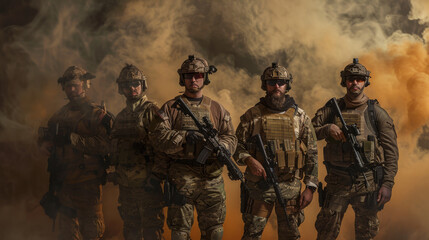 Five soldiers in tactical gear stand resolutely against a backdrop of smoke, exuding strength and readiness in a dramatic, war-like setting.