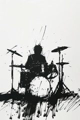 A black and white sketch of a person playing drums