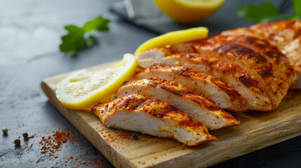 Juicy, grilled chicken breast seasoned with vibrant spices sits sliced on a wooden board, garnished with fresh lemon slices and herbs.