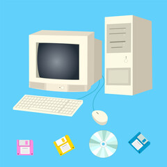 Retro vintage desktop computer on blue background , old personal computer with keyboard, mouse, floppy disk and CD recorder. PC and IT accessories from 1990, vector illustration. Technology  90s