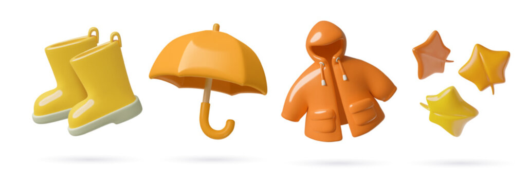 3d Autumn icons collection - rain boots, raincoat, red leaves and umbrella. Children fashion and seasonal shopping cute three dimensional vector design elements set. 