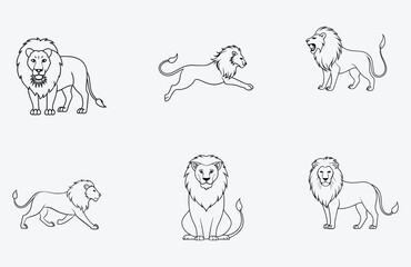 Majestic Lion Line Art Vector Set, Roaring Wildlife Illustrations