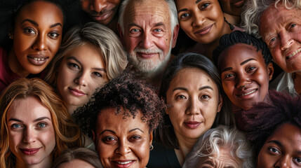 Obraz premium A diverse group of people of varying ages and backgrounds, standing together closely, highlighting unity and diversity.