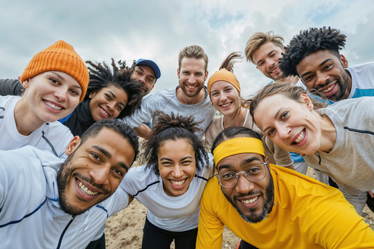 A group of friends of diverse ethnicities smiles and looks directly at the camera after an outdoor adventure.