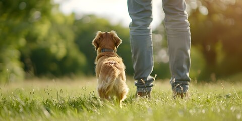 Pet blogger capturing bond between humans and animals in a landscaped park. Concept Pets, Blogging, Bond, Animals, Landscaped Park