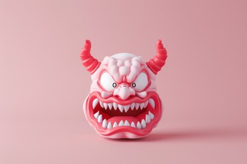 A close-up of a fierce, red-horned, monstrous face mask on a pink background. Perfect for Halloween and horror-themed designs.