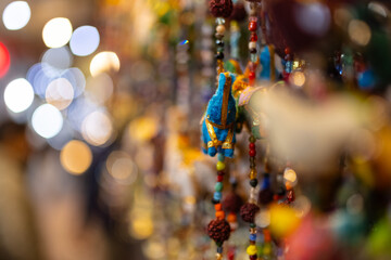 Interior decoration, Handmade colorful hanging gift items for decoration display at shop. Selective focus.