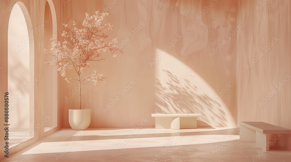 Sticker Minimalist Interior Design with Peach Tones - A minimalist interior design with peach tones. The room features a plant, an arched window, and two benches, with sunlight streaming in and casting shadow