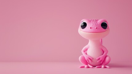 Fototapeta premium Cute pink cartoon gecko with big eyes sitting against a plain pink background. Perfect for children's illustrations or fun designs.
