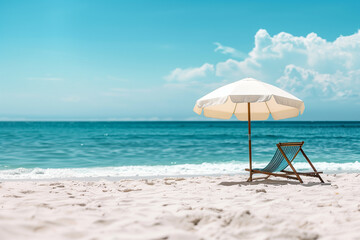 Beautiful summer beach with white sand, blue sky and sea background with an umbrella chair and lounge on the shore for vacation or travel concept