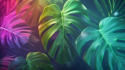 Obraz premium Vibrant Rainbow-Colored Tropical Monstera Leaves Background