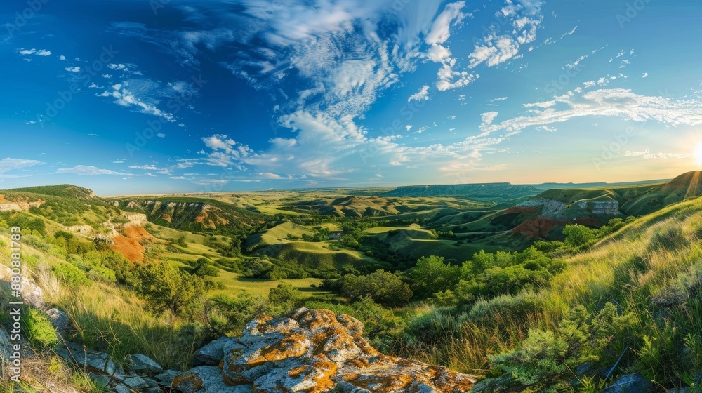 Wall mural Scenic Valley View: A Breathtaking Panorama of Rolling Hills and Lush Greens - A breathtaking panorama of a lush green valley, with rolling hills and a clear blue sky adorned with fluffy white clouds.