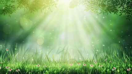 Fototapeta premium Sunlight streams through a canopy of lush, green trees, illuminating a vibrant meadow filled with blooming wildflowers.