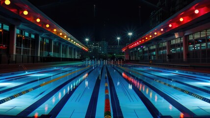 Fototapeta premium A out of focus nighttime shot of an illuminated Olympic pool, with underwater lights casting a glow