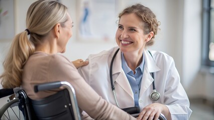 Obraz premium Female doctor having a cheerful conversation with a patient in a wheelchair during a medical consultation.