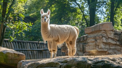 Obraz premium White alpaca in outdoor zoo during summer