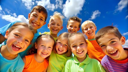 Obraz premium Group of cheerful children smiling and laughing outdoors under a bright blue sky, enjoying a fun and joyful day together.