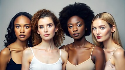 Obraz premium Group of diverse women with different skin tones, hairstyles, and beauty posing confidently against a neutral background.