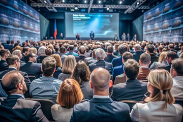 Large audience attending a business conference with speakers on stage and presentation screen in a modern, well-lit auditorium.