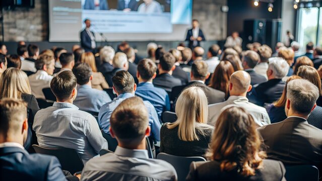 Large audience attentively listens to business speakers at a professional conference, showcasing a dynamic and informative event.