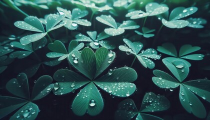 Fototapeta premium close-up shot of a field of green clover leaves with water droplets on them. The leaves are illuminated by a soft light, creating a serene and peaceful mood.
