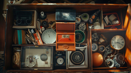 A vintage drawer filled with an eclectic collection of old cameras, clocks, and mysterious gadgets bathed in warm, nostalgic light.