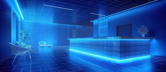 Futuristic interior design with neon blue lighting, modern reception area with a stylish chair and table. Concept for futuristic architecture and interior design.