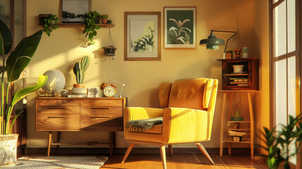 Fototapeta premium A sunlit cozy corner featuring a yellow armchair, wooden side table, and green plants, creating a warm, inviting atmosphere perfect for a relaxing afternoon.
