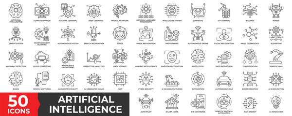 Artificial Intelligence icon set with Machine learning, digital skills, generative AI, AI technology, algorithm, robotic, cloud computing network, automation, virtual intelligence, and future