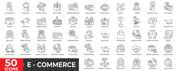 Ecommerce icon collection set with Containing ecommerce, cart, money, distribution, shopping bag, shopping, add to cart, shopping cart, online shopping, retail, business, marketing and bank card