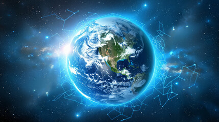 Obraz premium A vivid digital depiction of Earth surrounded by a network of glowing lines, representing global connectivity and technology in a star-studded cosmos.