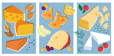 A set of illustrations of different types of cheese with ingredients for different styles of cheese boards. 
Vector illustrations.
