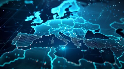 Digital world map with focus on Europe. The map is presented in a network diagram style with connecting lines and dots indicating different locations.