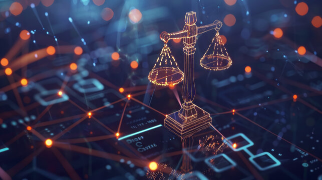 A digital representation of the scales of justice illuminated with glowing points of light, symbolizing fairness and balance in the modern legal system.