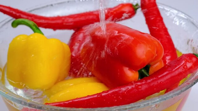juicy red and yellow peppers in water