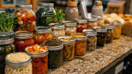 Obraz premium A selection of gourmet canned foods arranged on a kitchen counter, ready for a cooking demonstration