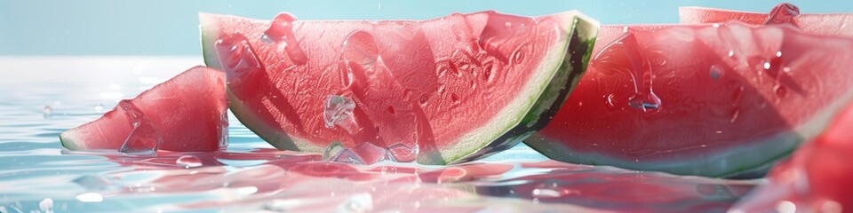 Fototapeta premium Abstract Wallpaper: World Watermelon Fruit Festival Summer Party Theme with Chilled Watermelon Slices Glistening in Sunlight, AI-Generated High-Resolution Refreshing Marketing Ad for Hot Summer Days