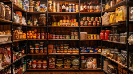 A well-stocked pantry with neatly organized canned goods, dry foods, and cooking essentials