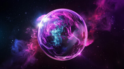 Fototapeta premium A vibrant, ethereal sphere of swirling purple and blue colors floats against a backdrop of stars, embodying the mystique and wonder of the universe.