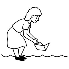 A girl plays in a boat on  water line art vector