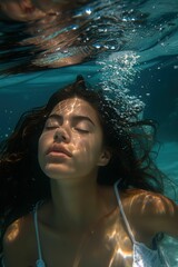 Underwater Portrait of a Young Woman with Closed Eyes and Sunlight Reflections in Crystal Clear Water