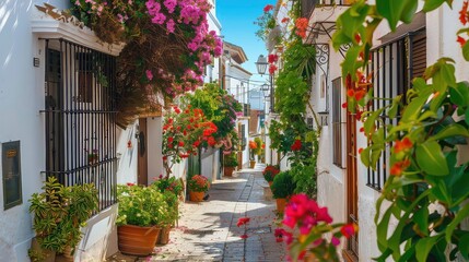Fototapeta premium Picturesque narrow street in Spanish city old town. Typical traditional whitewashed houses with blooming plants, flowers, cobbled street in a small cozy town in Spain