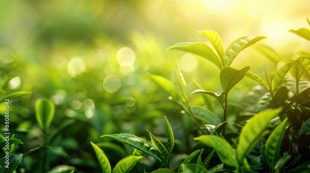 Poster Morning light shining on green tea leaves with blurry background and space for text