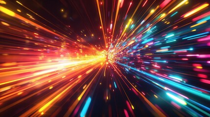 Fototapeta premium Vibrant light trails penetrating through a dimensional breach, close-up view, with a detailed background, capturing speed