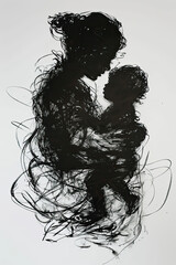 Fototapeta premium A black and white sketch of a mother holding a child