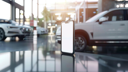Fototapeta premium A sleek, modern smartphone with a blank screen stands on a reflective surface, amidst the elegant ambiance of a luxury car showroom.